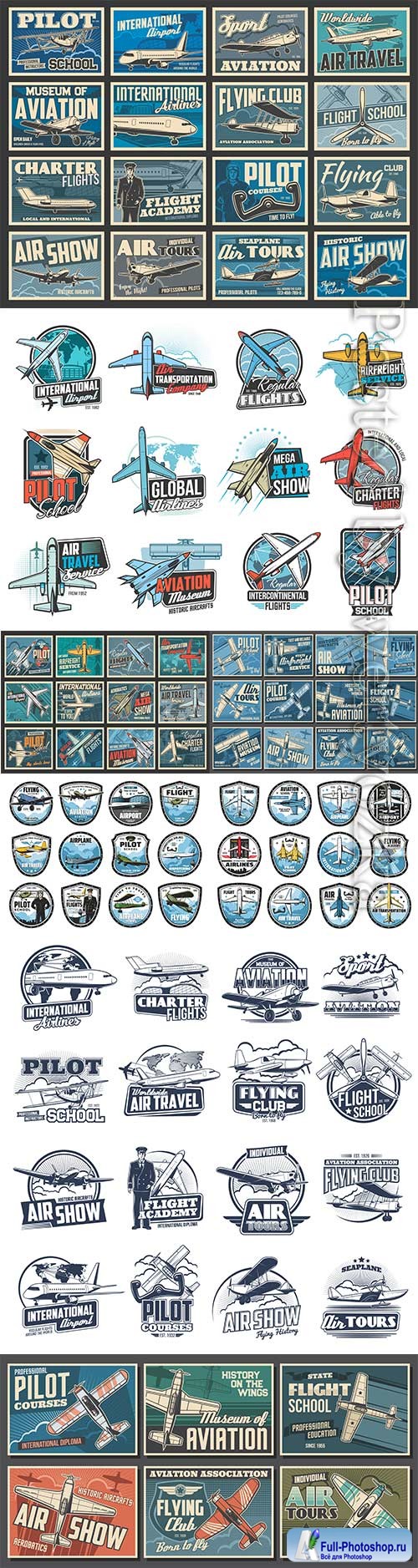 Aviation, air flight icons, airplane pilot school