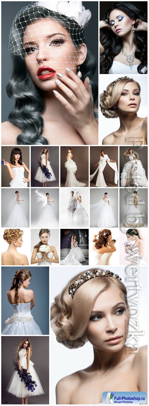 Brides with beautiful hairstyles and wedding dresses stock photo