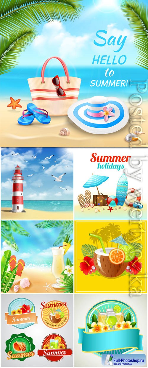 Summer vacation, sea, palm trees, cocktails in vector vol 19