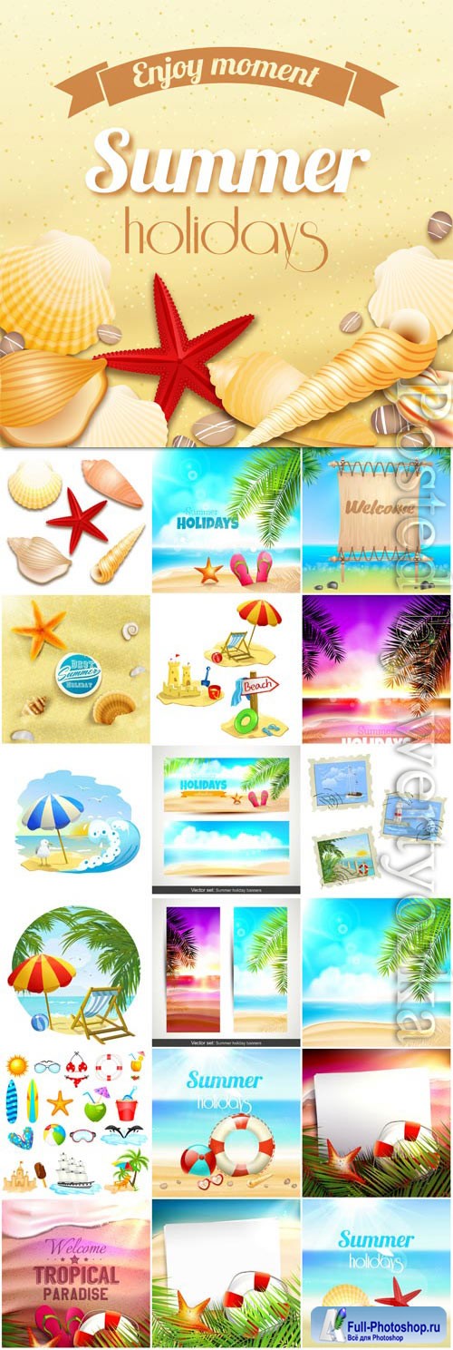 Summer vacation, sea, palm trees, cocktails in vector vol 20