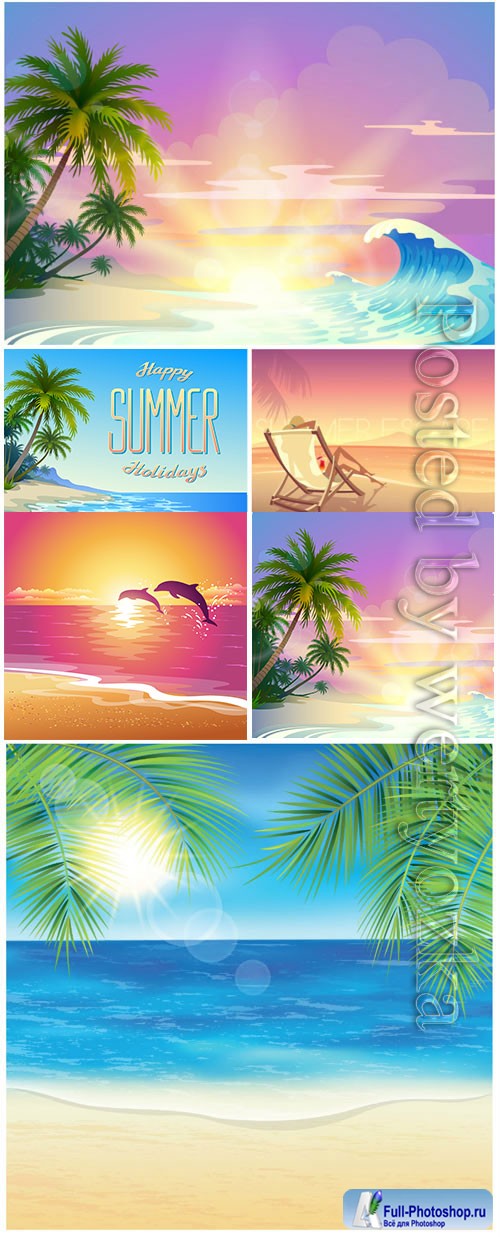 Summer vacation, sea, palm trees, cocktails in vector vol 14