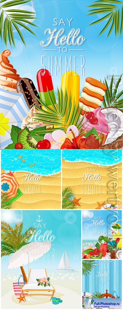 Summer vacation, sea, palm trees, cocktails in vector vol 13
