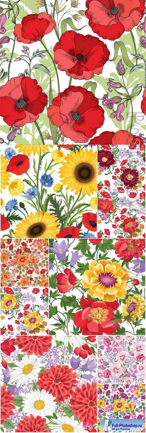 Floral seamless backgrounds, poppies, sunflowers in vector