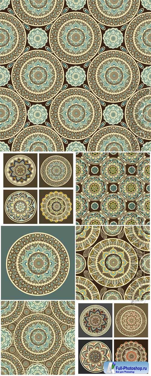 Seamless backgrounds with circles and patterns in vector