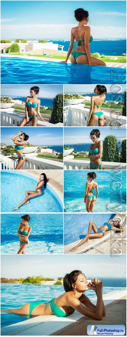 Girl in swimsuit by the pool stock photo