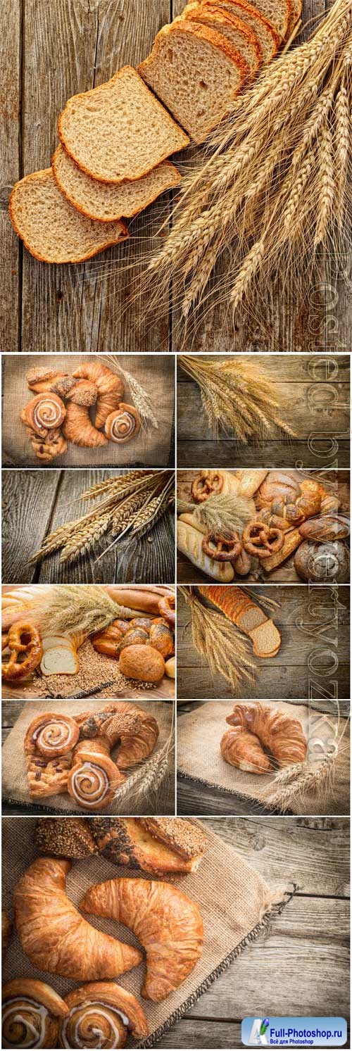 Bread, spikelets and pastries on wood background stock photo