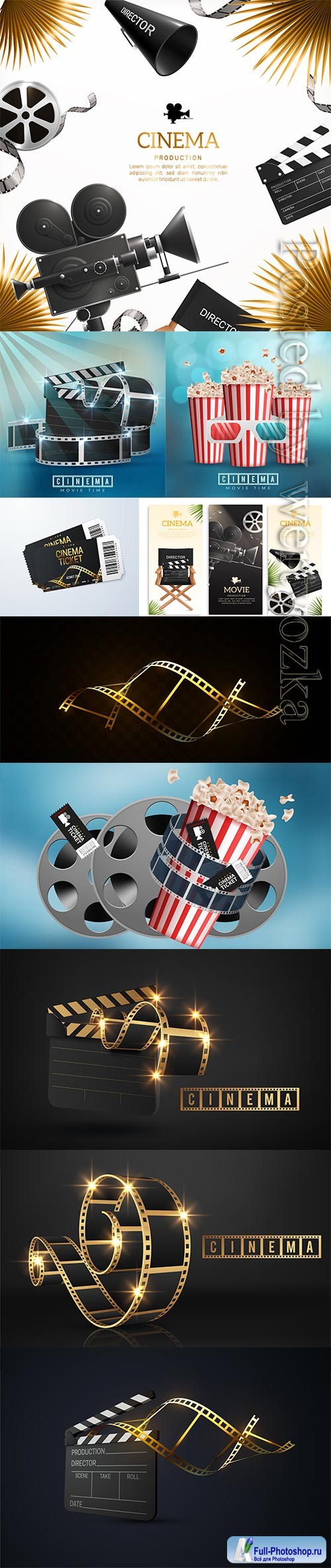 Realistic cinema movie background with film reel, clapper, popcorn, 3d glasses