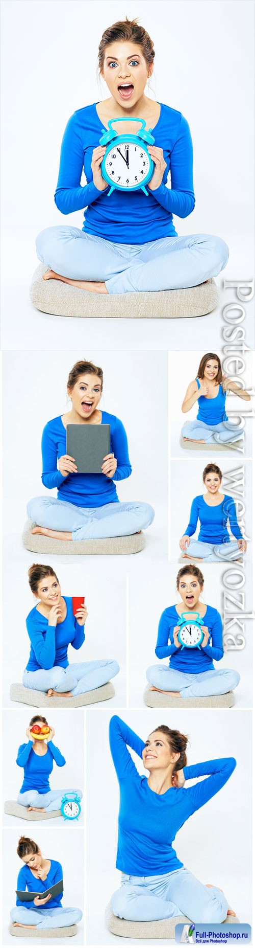 Cheerful young woman in different situations stock photo