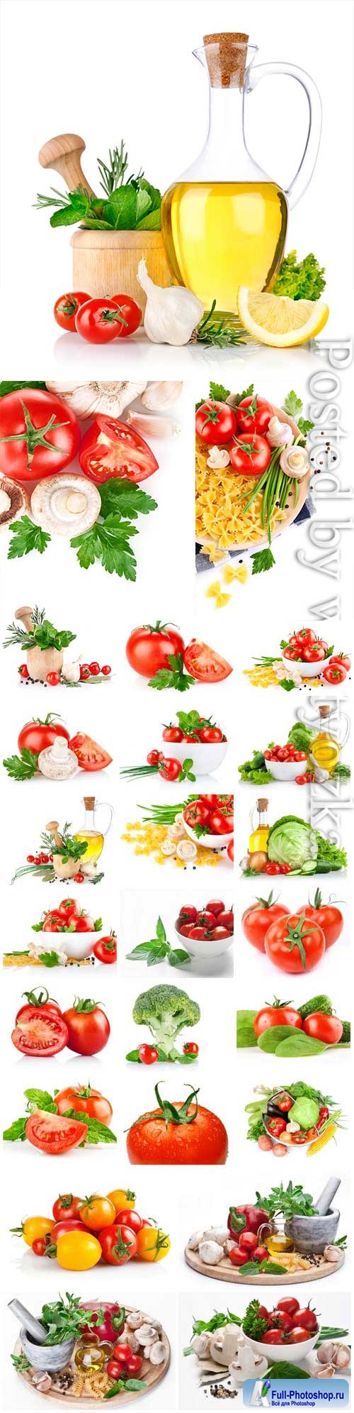 Fresh tomatoes, herbs, spices and oil stock photo