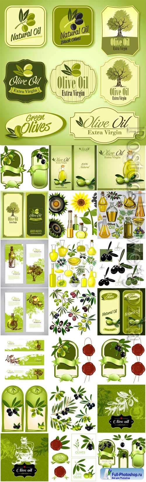 Labels and backgrounds with olives, olive oil in vector