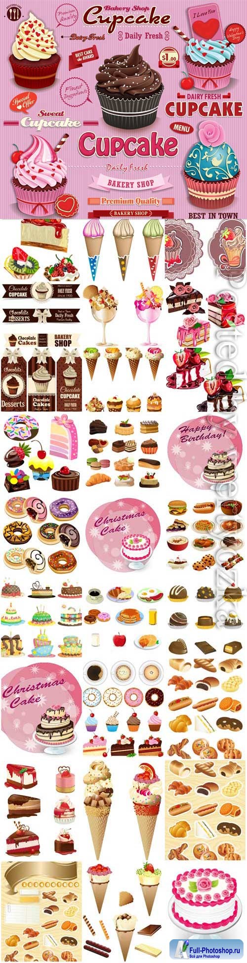 Desserts, ice cream cakes and various sweets in vector