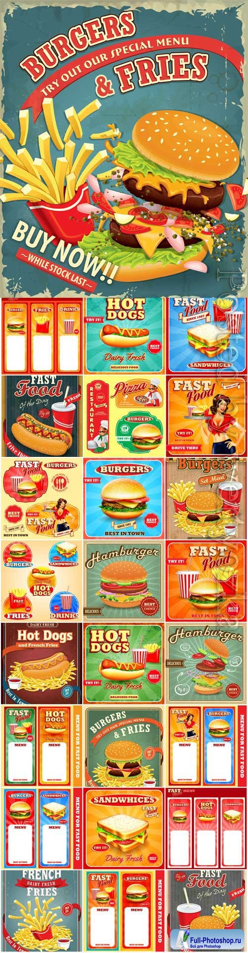 Fast food labels, menus and banners in vector