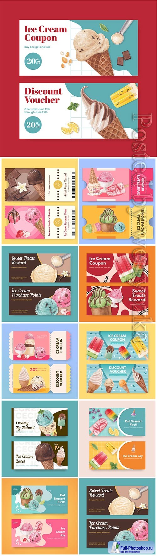 Voucher template with ice cream flavor concept, vector watercolor style