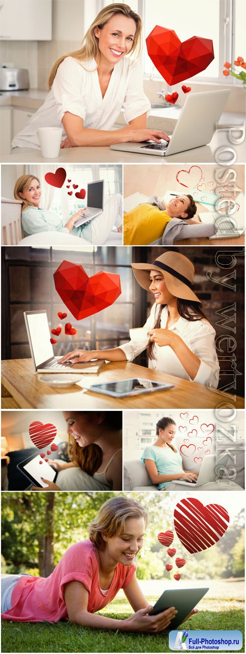 Smiling women with laptops stock photo