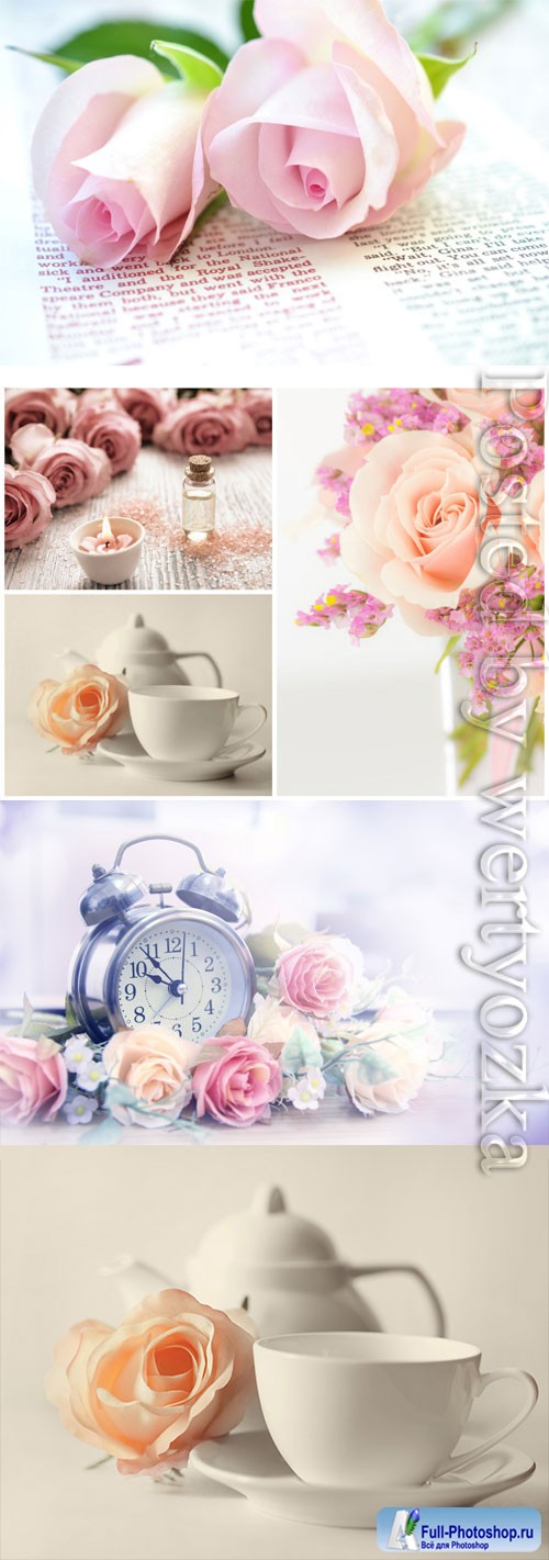 Romantic backgrounds with clocks and roses stock photo