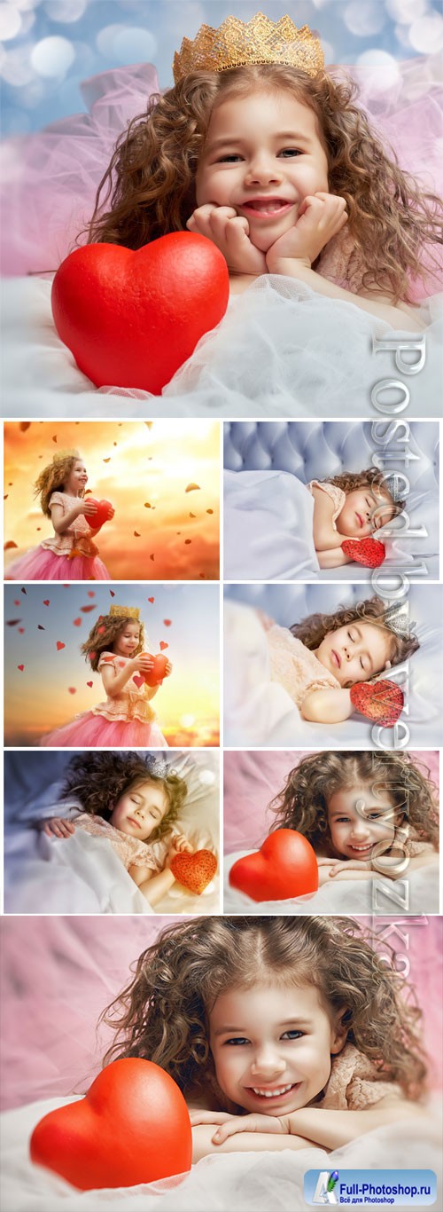 Curly girl with red heart stock photo