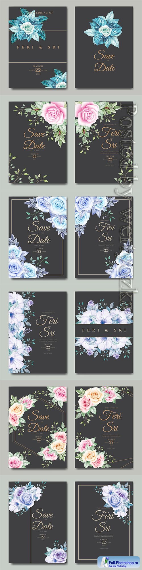 Wedding vector invitation card with floral watercolor