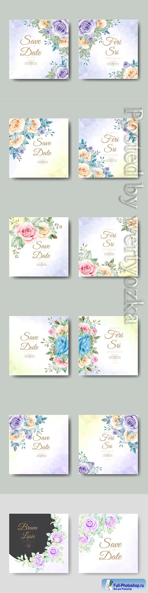 Beautiful vector wedding invitation card with floral watercolor
