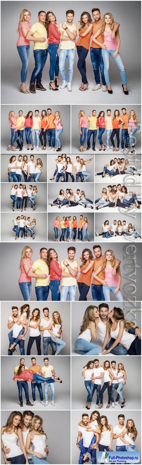 Stylish men and girls in jeans stock photo