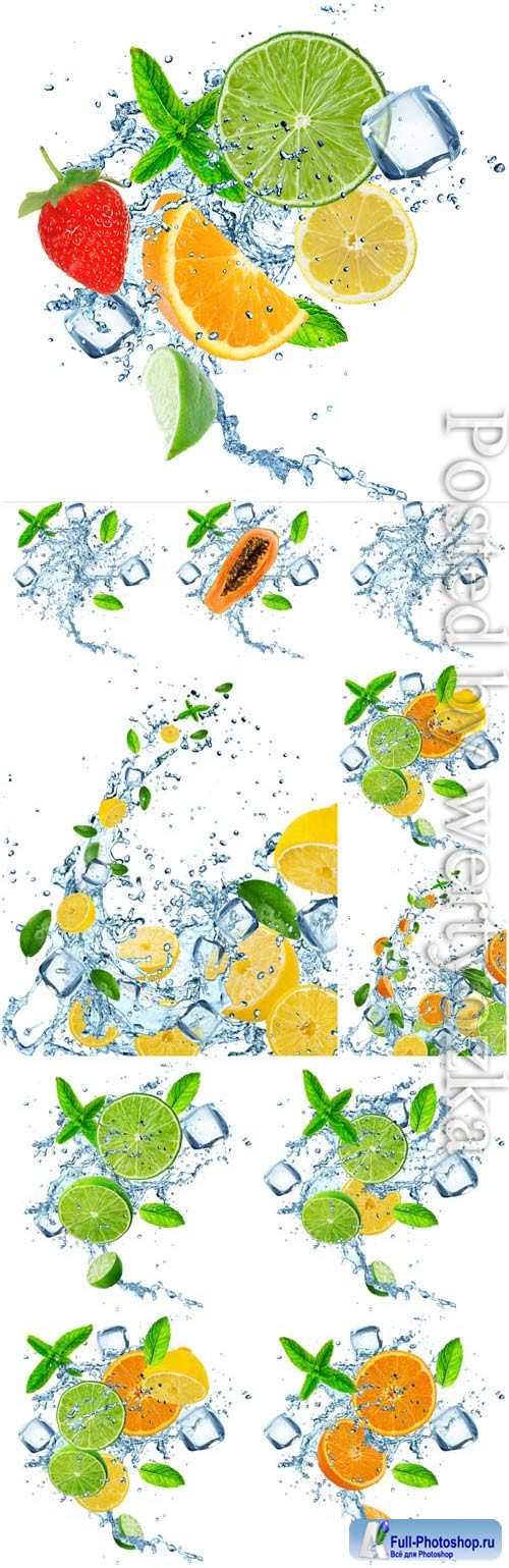 Fruit splashing water stock photo