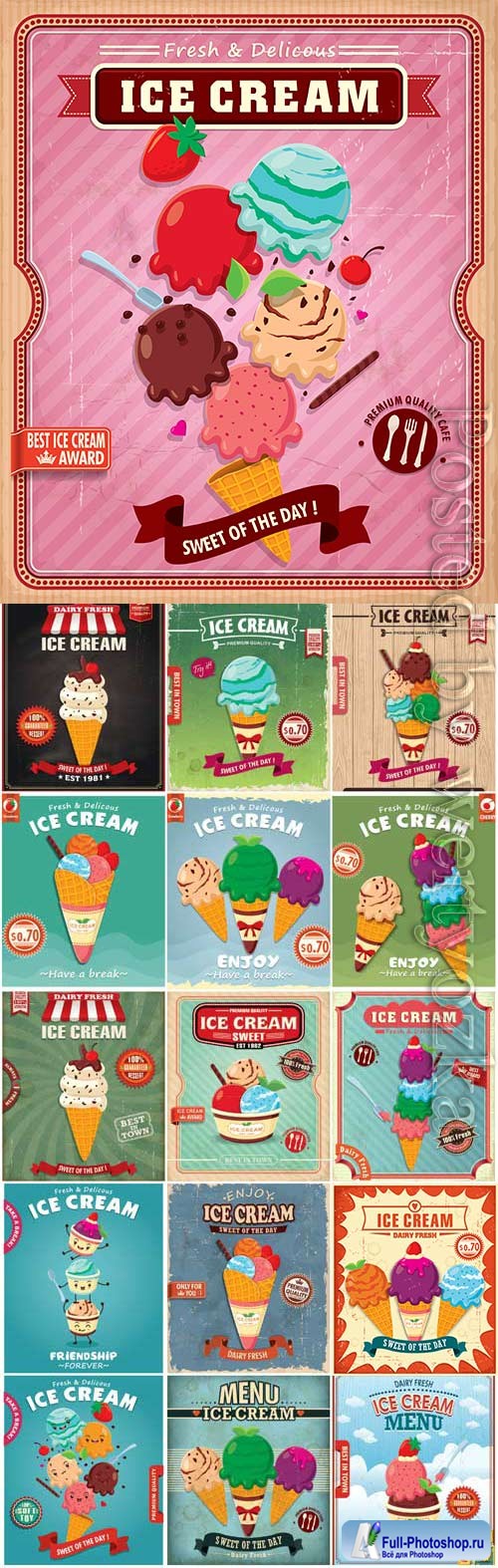 Ice cream advertising retro posters in vector