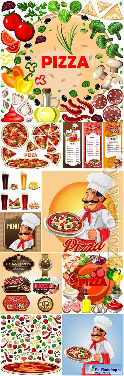 Promotional pizza labels and posters in vector