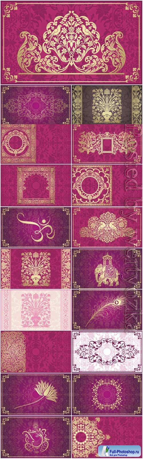 Pink indian backgrounds with gold ornaments in vector