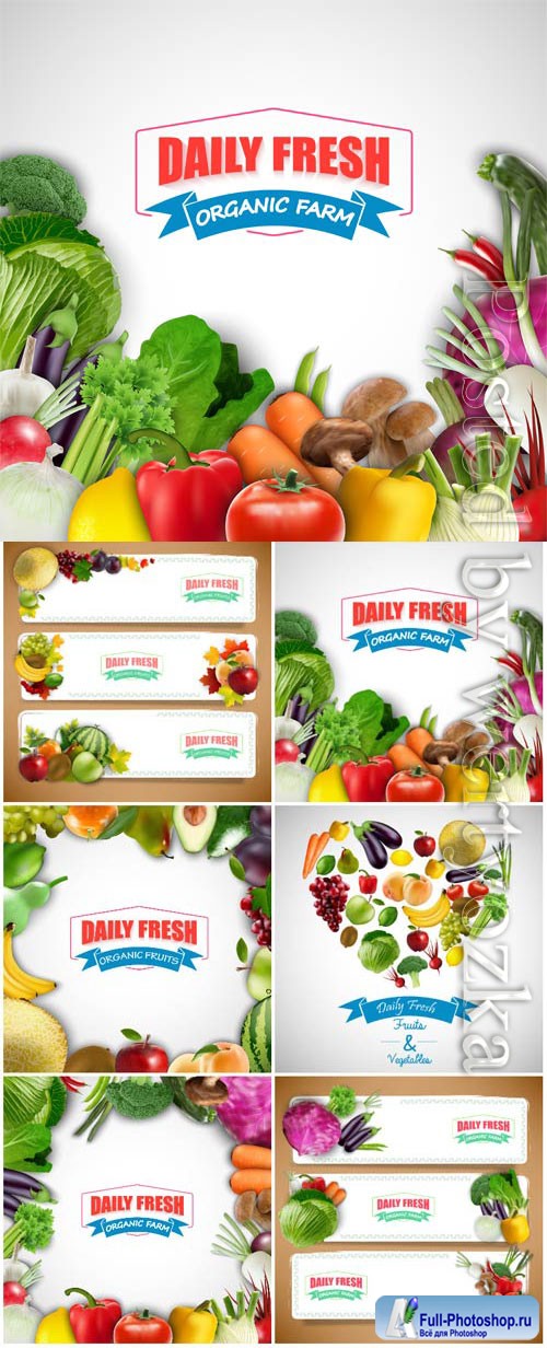 Backgrounds and banners with fresh vegetables and fruits in vector