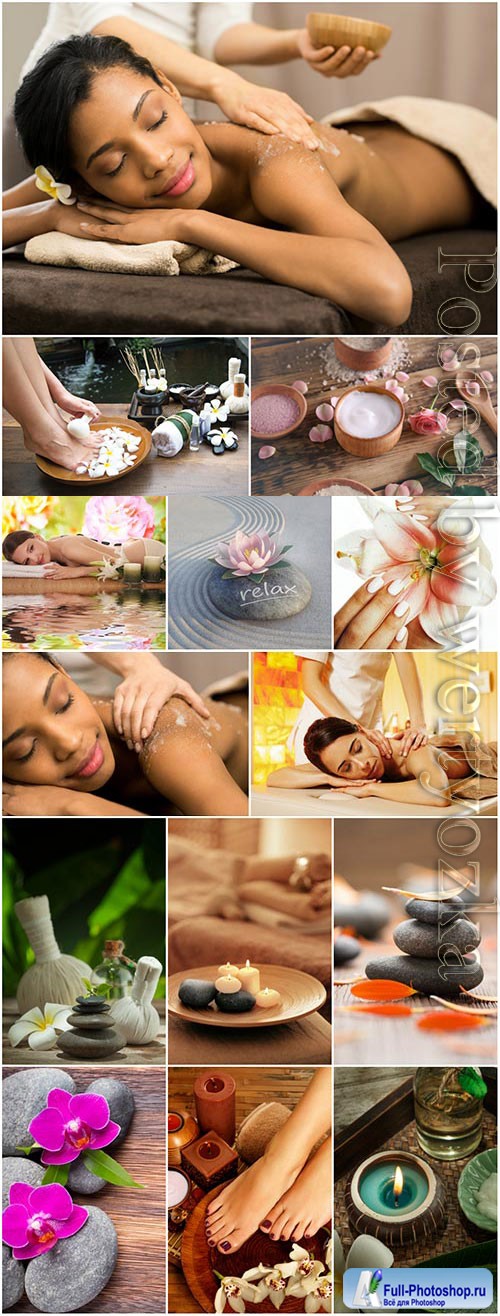 Spa composition and women on massage stock photo