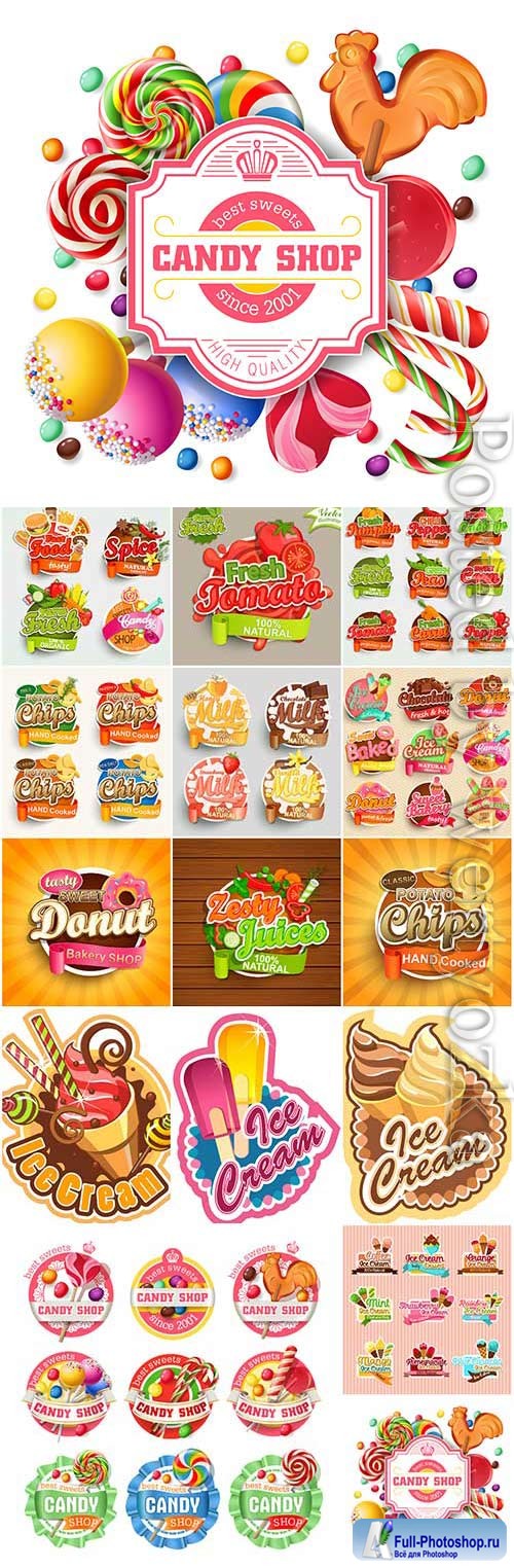 Stickers and labels with ice cream and sweets in vector