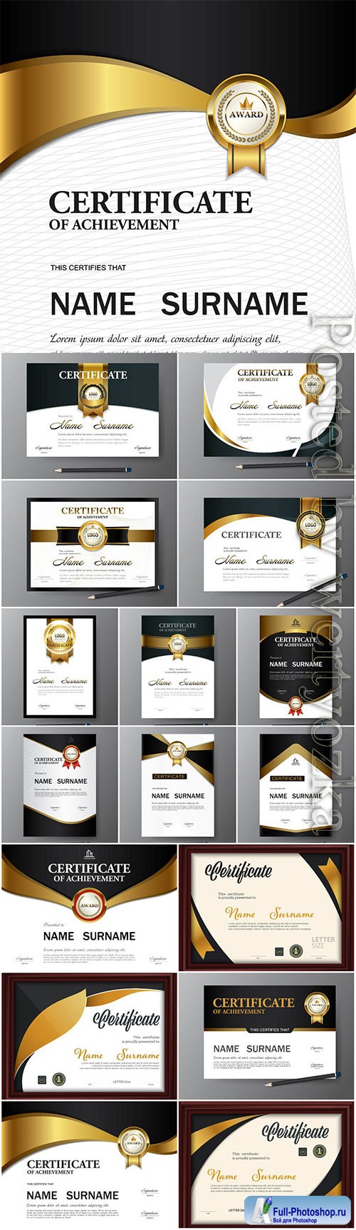 Diplomas and certificates with gold design in vector