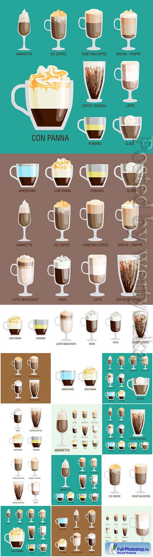 Coffee and coffee drinks in assortment in vector