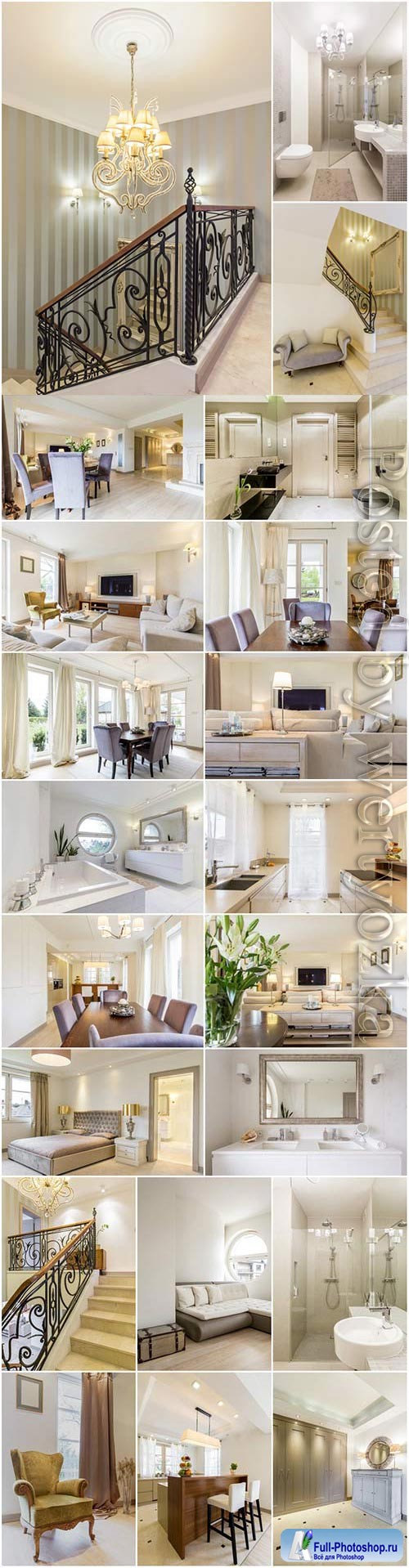 Luxury living room, bathroom and kitchen interior stock photo