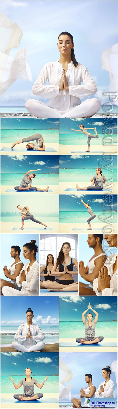 Men and women doing yoga by the sea stock photo