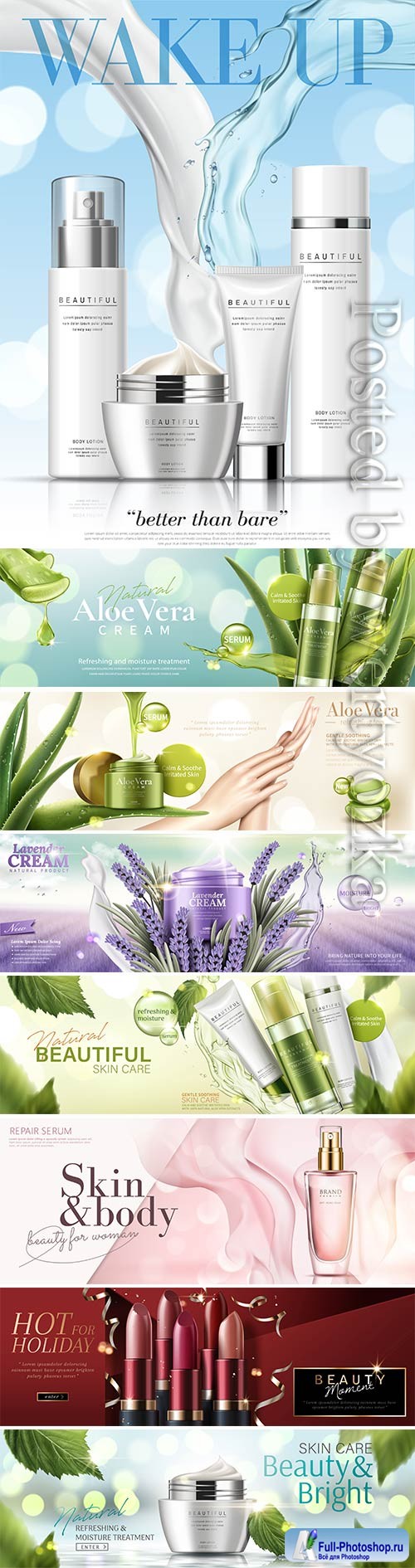 Cosmetic skincare products vector banner