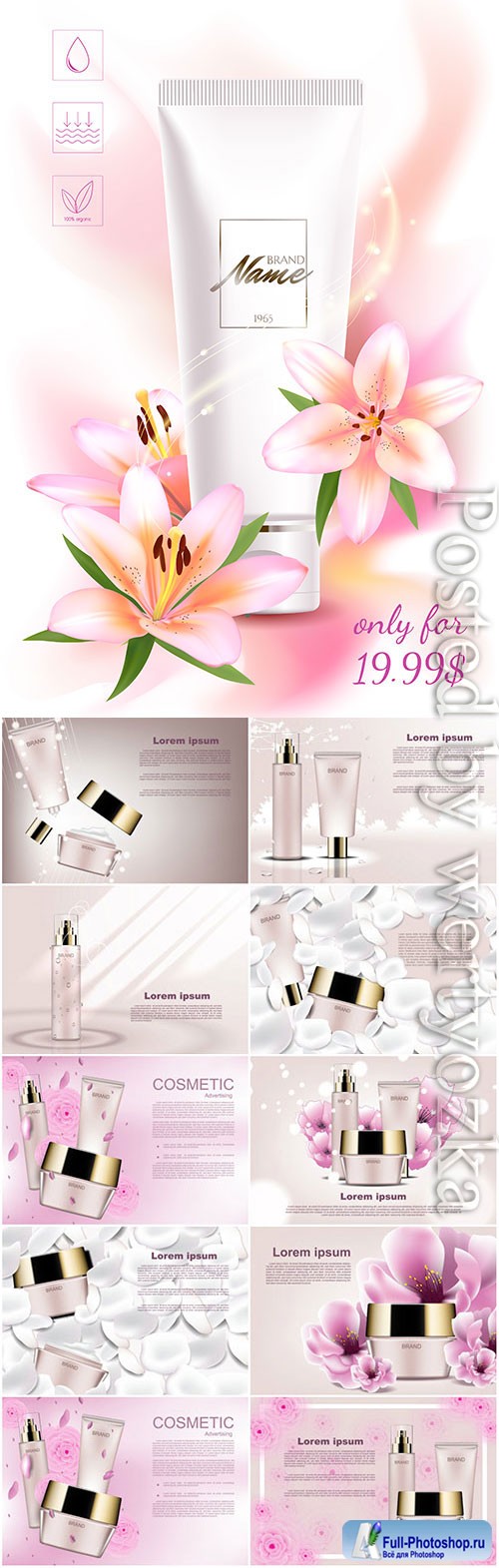 Cosmetic products on background with flowers in vector
