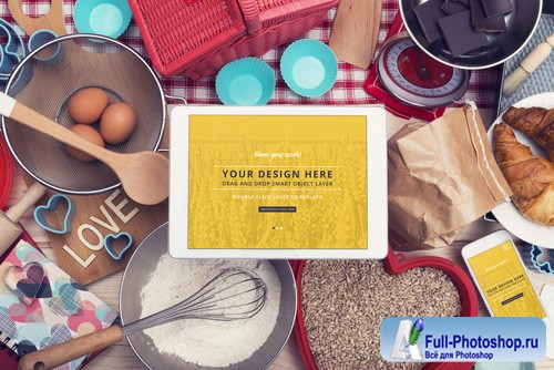 Tablet and Smartphone Surrounded by Baking Supplies Mockup 1 128898424