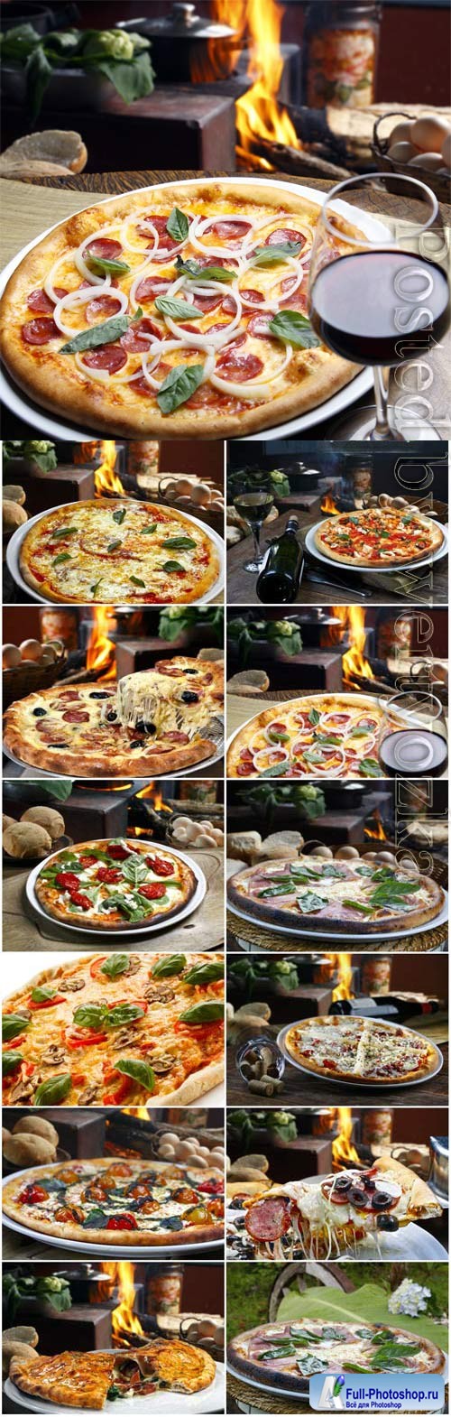 Delicious pizza and glass with wine stock photo