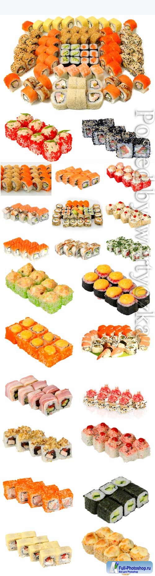 Assortment of sushi on white background stock photo