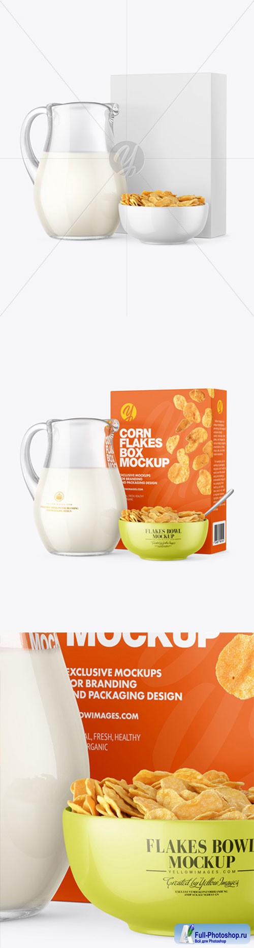 Glass Milk Jug and Bowl with Corn Flakes Mockup 86588