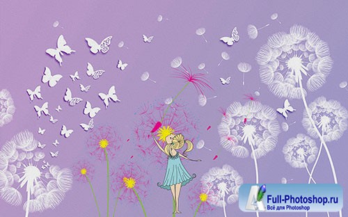 Purple three dimensional dandelion girl butterfly tv background wall