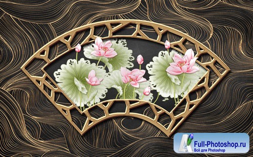 Golden wrought iron striped three dimensional lotus background wall