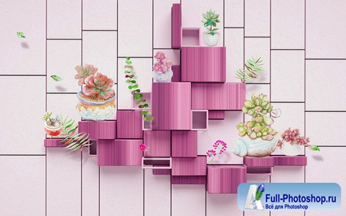 3D Pink wood grain mosaic potted plant meat lot background wall