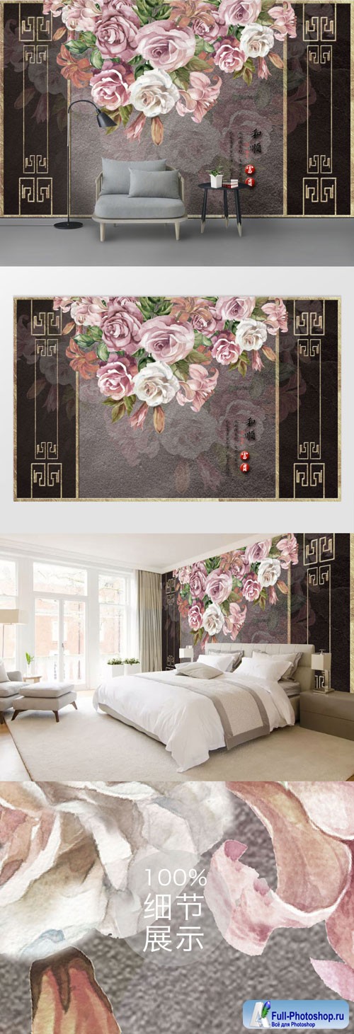 3d three dimensional relief rose european retro tv background wall decoration painting