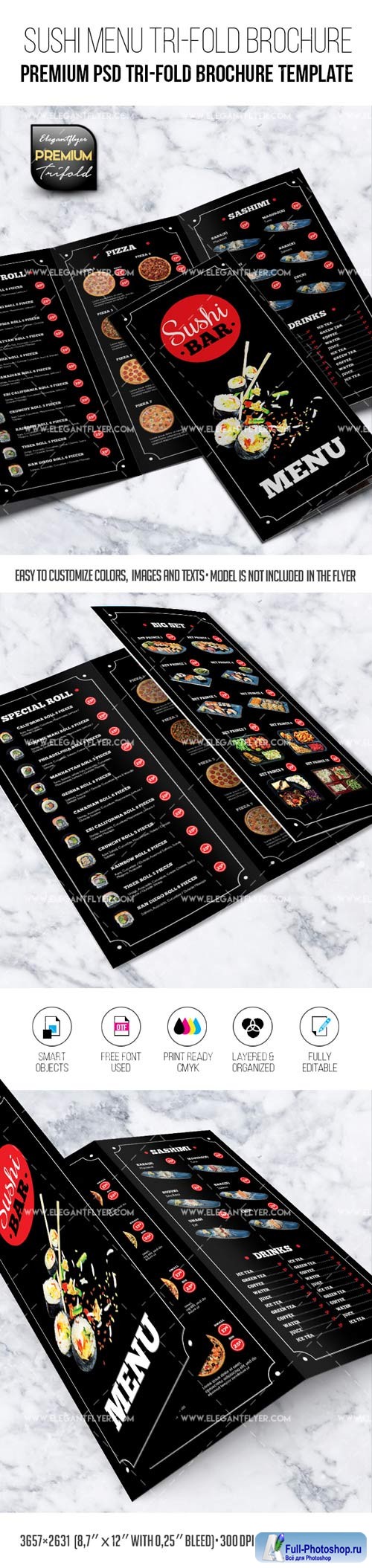 Sushi Restaurant Menu Premium PSD Tri-Fold Brochure Template