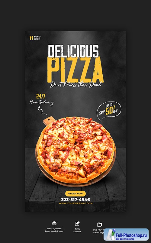 Food menu and delicious pizza instagram and facebook story template