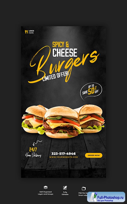 Delicious burger and food menu instagram and facebook story template