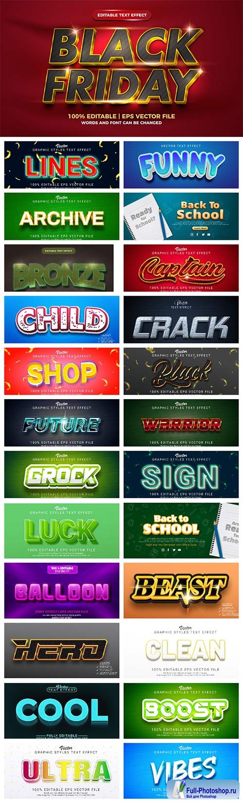 Set 3d editable text style effect vector vol 25