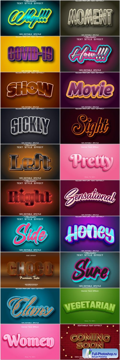 Set 3d editable text style effect vector vol 50