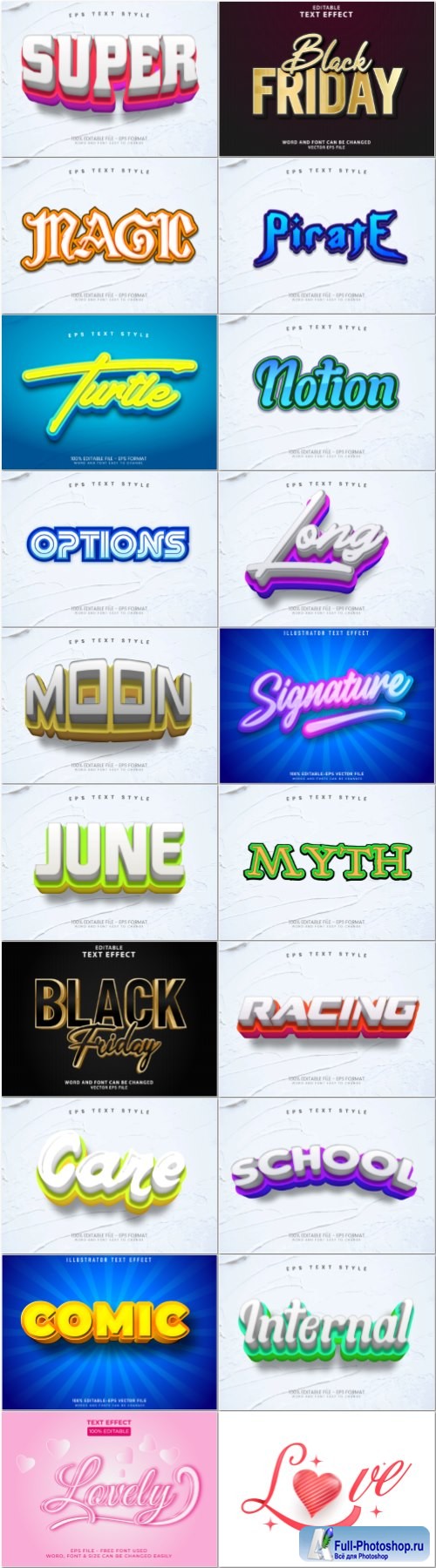 Set 3d editable text style effect vector vol 67